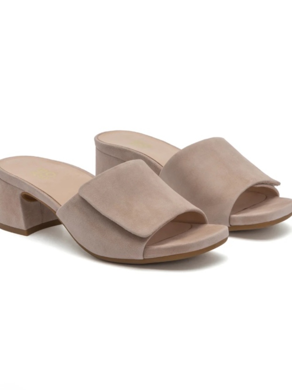 Abeo Avenue Slide Mule in Taupe Suede minimalist chunky heel